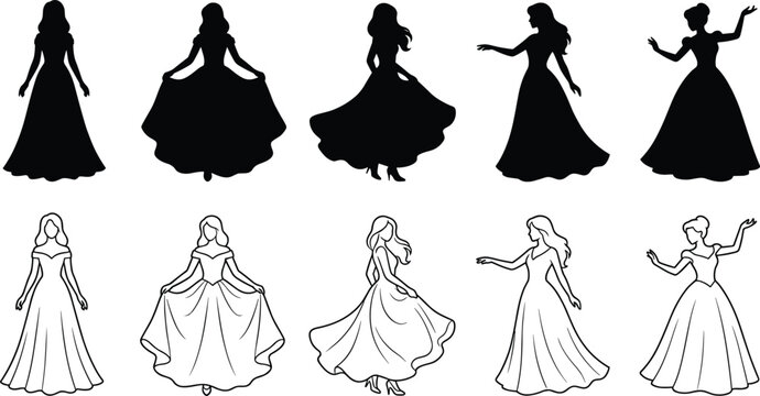 Elegant woman in flowing ball gown silhouette and minimal line art vector illustration setElegant woman in flowing ball gown silhouette and minimal line art vector illustration set
