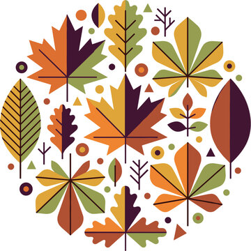 Geometric autumn leaves vector illustration arranged in circular shape emblem concept for Thanksgiving fall festival branding seasonal graphic design project