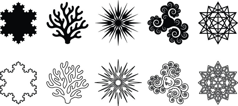 Fractal Shape Silhouette and Line Art Vector Collection Featuring Geometric and Organic PatternsFractal Shape Silhouette and Line Art Vector Collection Featuring Geometric and Organic Patterns