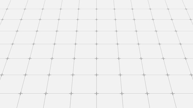 3D floor gray grid line animation with perspective smooth lines motion from multiple sides and plus symbols on soft white background. 4K animated for backgrounds, tech, overlays, and motion graphics.