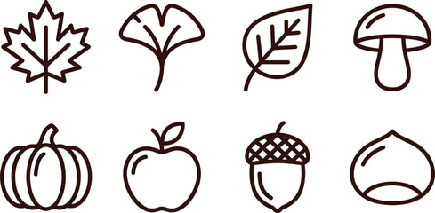 Minimalist autumn line icon set featuring maple leaf ginkgo pumpkin apple mushroom acorn and chestnut isolated on white background vector illustration. © MstMursida
