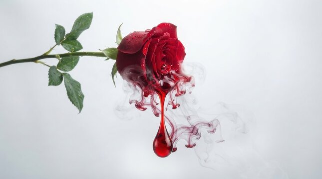 Red rose with bleeding liquid and swirling ink effects