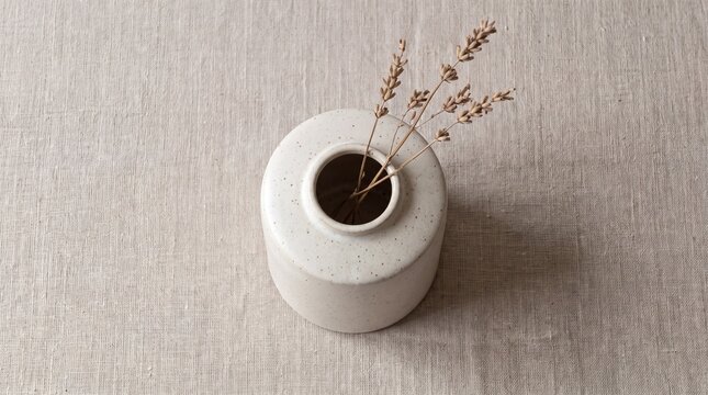 Minimalist ceramic vase with dried flowers. Top view of modern home decor on textured surface.