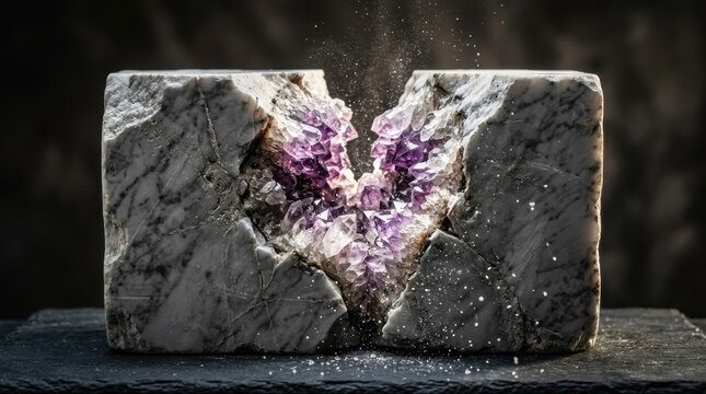 Broken marble block with amethyst geode core