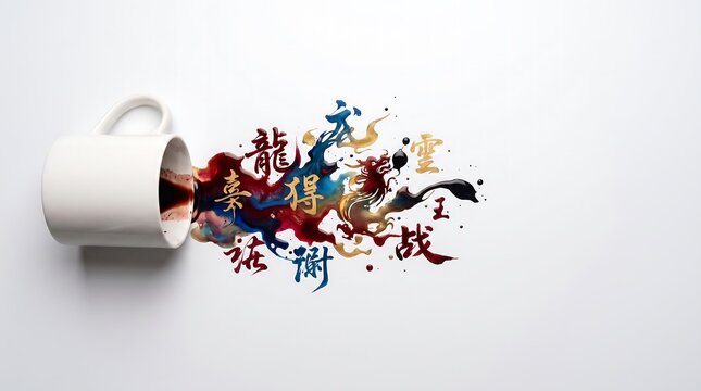Coffee mug spilling colorful ink splash with Asian calligraphy for anime donghua concept