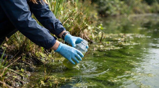 Female Scientist Hands Collecting Groundwater Sample from Green Pond for Environmental Water Quality Testing