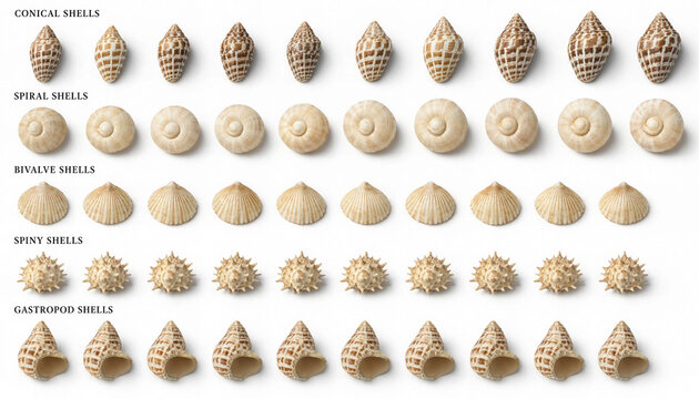 Educational chart displaying rows of different types of sea shells including conical, spiral, bivalve, spiny, and gastropod varieties on white
