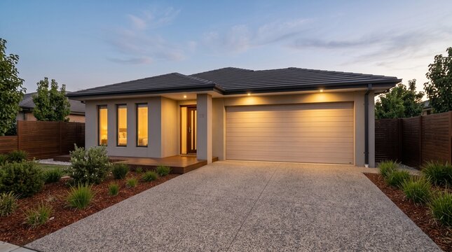 Modern suburban single-story house exterior illuminated at twilight with warmly lit windows, double garage, concrete driveway, and landscaped front yard.