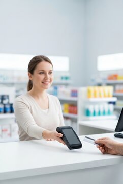Smiling cashier processing payment at pharmacy checkout counter
