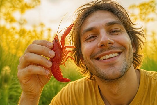 Crawdad Catch Smiling Man Holding Red Crayfish Outdoors
