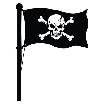 Black pirate flag with skull and crossbones waving on a pole against a white background