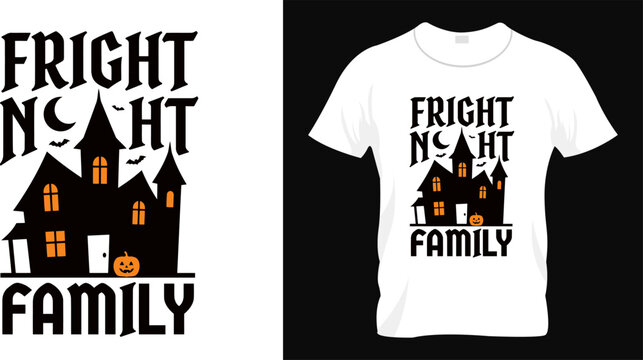 Spooky fright night family halloween t shirt design featuring a haunted house illustration perfect for holiday apparel and graphic printing projects
