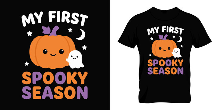 Cute my first spooky season halloween t shirt design featuring a cartoon pumpkin and a little ghost for baby apparel