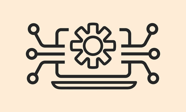 Digital technology icon featuring a laptop computer integrated with a central gear and circuit board connections, representing software development, systems engineering, and IT.