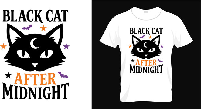 Spooky black cat after midnight graphic illustration for a festive halloween t shirt design featuring moon and stars for apparel