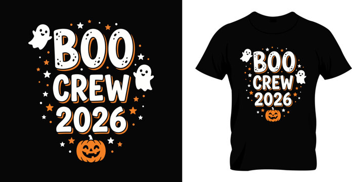 Spooky boo crew 2026 halloween t shirt design featuring cute ghosts and a carved pumpkin graphic for festive holiday apparel printing