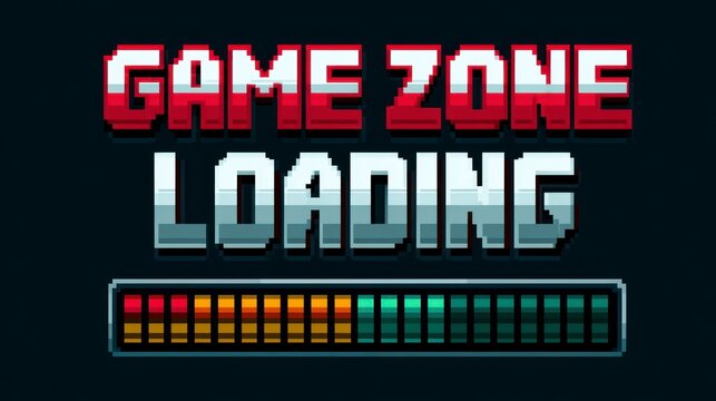 Game zone loading screen showing progress status in retro pixelated style on dark background for gaming website user interface design