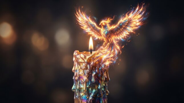 Phoenix bird made of fire emerging from a candle flame
