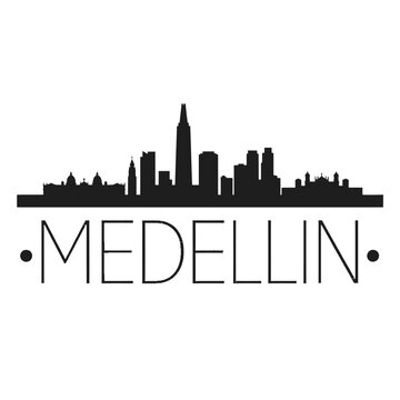 Medellin skyline silhouette with text on a white background