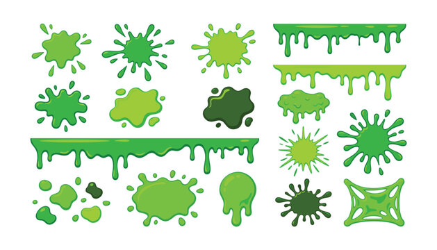 Green slime splatters and dripping borders set with toxic liquid drops gooey blobs vector illustration