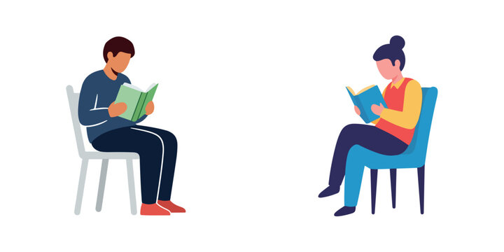 Flat vector illustration of a man and woman sitting on chairs reading books. Minimalist educational and leisure concept with faceless characters isolated on white.