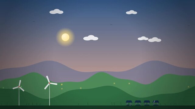 Clean energy a greener tomorrow landscape with wind turbines, solar panels, and sustainable cityscape.