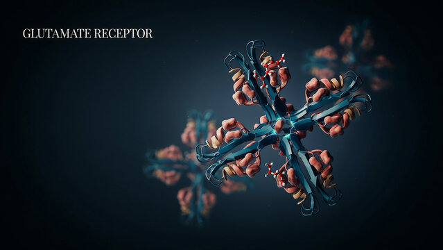 Glutamate receptor molecular structure showcasing intricate details of protein interactions and overall biochemical architecture in scientific visuals