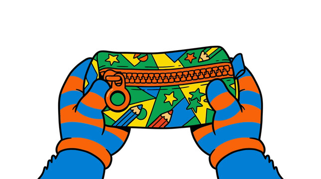 Hands Holding Colorful Pencil Case with Geometric Pattern
