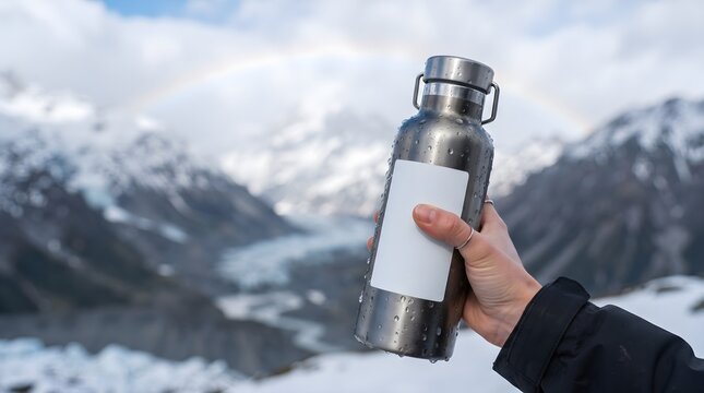 Hand Holding Stainless Steel Water Bottle with Vinyl Sticker Mockup and Water Droplets