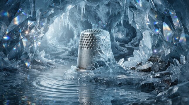 Metal thimble in a frozen crystal ice cave