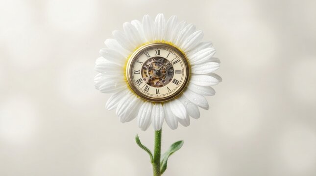 Conceptual clock flower with mechanical gear center