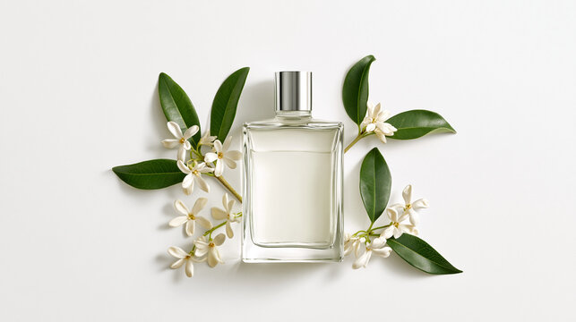 Perfume Bottle with Osmanthus Flowers Isolated on White Background