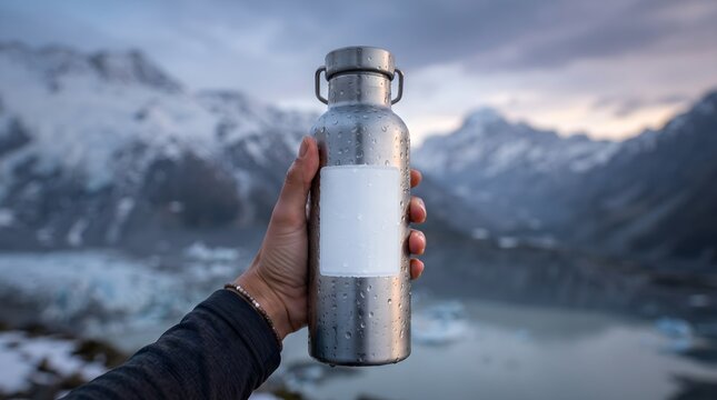Hand Holding Stainless Steel Water Bottle with Vinyl Sticker Mockup and Water Droplets