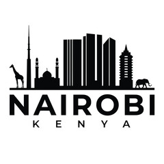 Fototapeta premium Nairobi Skyline Silhouette With Wildlife Black On White Background