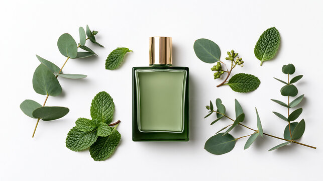 Perfume Bottle with Mint and Eucalyptus Isolated on White Background