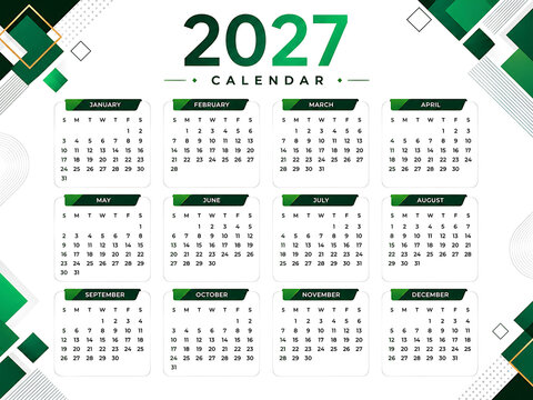 2027 Calendar template with modern green geometric design, annual year planner layout, professional 12 month schedule organizer for business