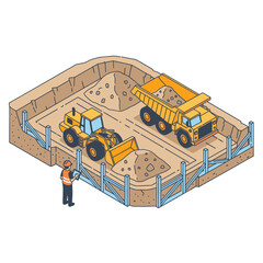 Construction site with heavy machinery and worker illustration. © Achmad