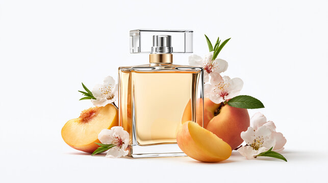 Perfume Bottle with Peaches Isolated on White Background