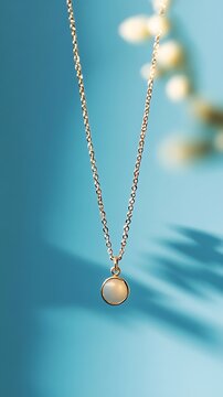 Elegant gold necklace with round opal pendant minimalist jewelry for women product shot on blue background