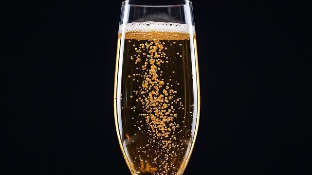 Slow motion tracking zoom of champagne bubbles rising inside glass flute on dark studio tabletop, closeup vertical reveal of golden effervescence and foam