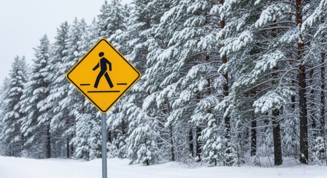 Pedestrian Crossing Sign Amidst Serene Winter Forest Landscape