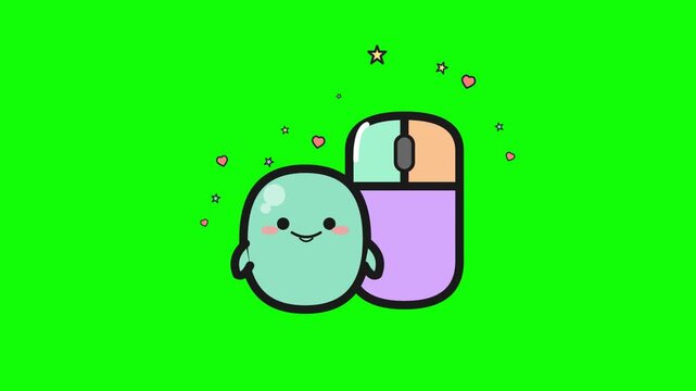 Cute kawaii character smiling next to a computer mouse animation,Cute kawaii character smiling next to a computer mouse animation