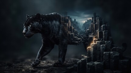 Naklejka premium Black panther emerging from geometric stone pillars