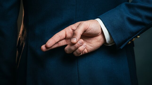 A person in a blue suit holds crossed fingers behind their back, symbolizing dishonesty, luck, or broken promises in a professional setting.