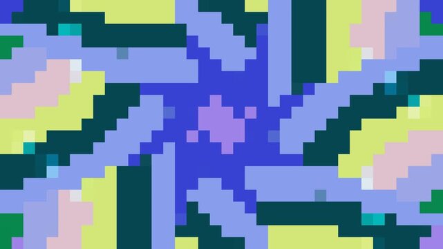 Vibrant Geometric Pixel Art Composition Featuring Abstract Symmetrical Floral Patterns and Shapes