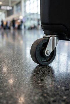 Suitcase Wheel Rolling on Polished Airport Floor