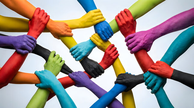 Many colorful arms with painted hands holding each other together in a circle showing unity cooperation and teamwork