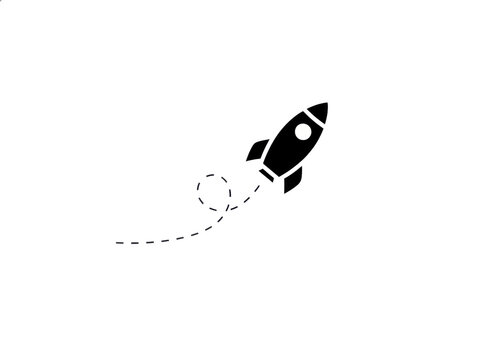 Black rocket icon flying with a dashed path trail