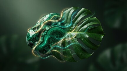 Obraz premium Malachite stone merging with monstera leaf and ethereal light