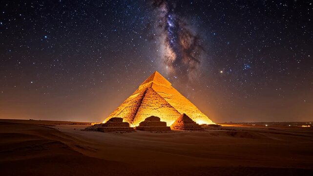 Illuminated pyramid under starry sky